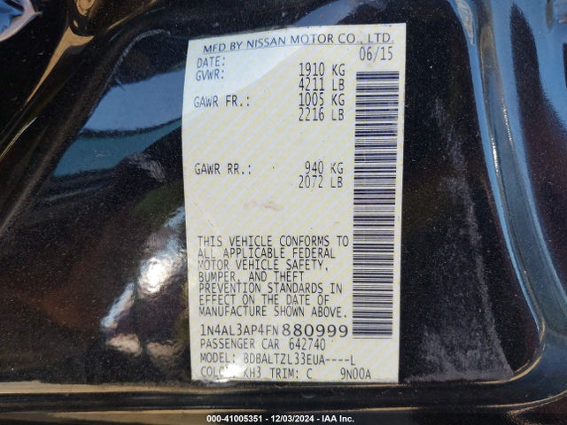 Aukcja sprzedaży 2015 Nissan Altima 2.5 Sl, vin: 1N4AL3AP4FN880999, numer aukcji: 41005351