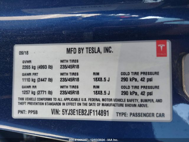 5YJ3E1EB2JF114891 Tesla Model 3 Long Range/performance