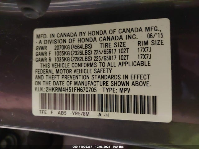 Honda CR-V EX 2015 2HKRM4H51FH670705 Image 9