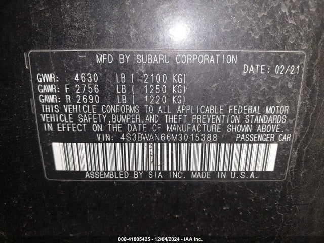 4S3BWAN66M3015388 Subaru Legacy Limited