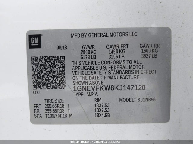 1GNEVFKW8KJ147120 Chevrolet Traverse Ls