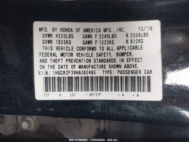 Honda ACCORD LX 2017 1HGCR2F39HA080485 Image 9