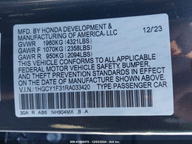 1HGCY1F31RA033420 Honda ACCORD EX