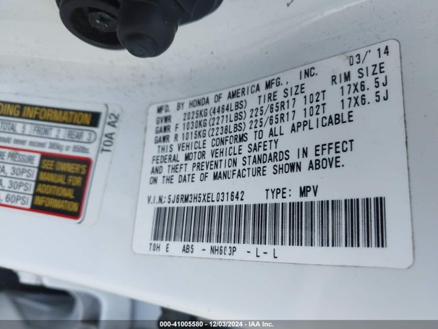 Honda CR-V EX 2014 5J6RM3H5XEL031642 Image 9