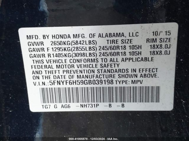 5FNYF6H59GB039198 Honda Pilot Ex-l