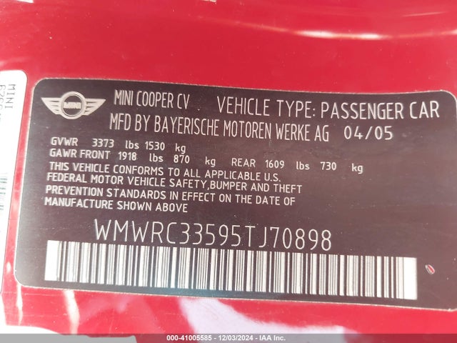 2005 MINI COOPER WMWRC33595TJ70898 Photo 8