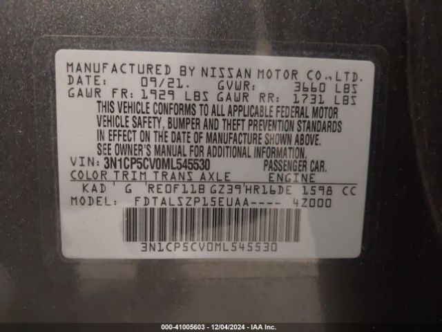 3N1CP5CV0ML545530 Nissan KICKS SV