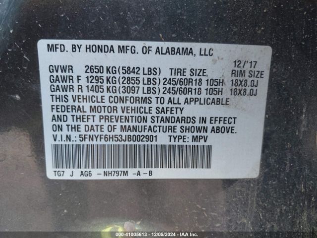 5FNYF6H53JB002901 Honda Pilot Ex-l