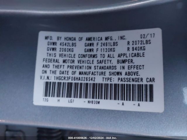 1HGCR3F06HA026542 Honda Accord Ex-l V6
