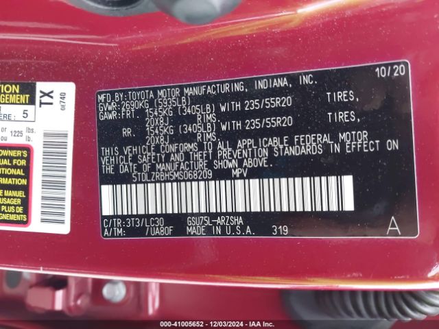 5TDLZRBH5MS068209 Toyota Highlander Xse