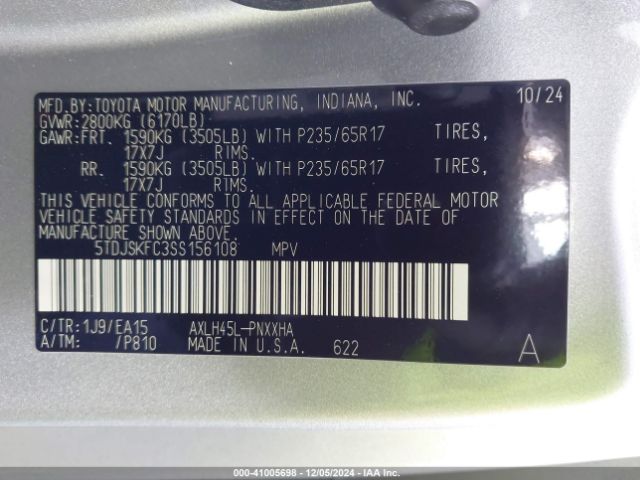 5TDJSKFC3SS156108 Toyota SIENNA XLE