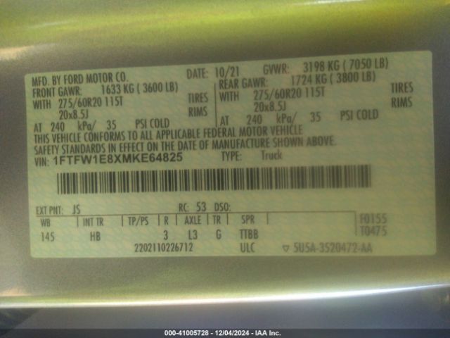 1FTFW1E8XMKE64825 Ford F-150 Lariat
