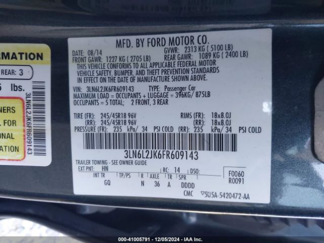 3LN6L2JK6FR609143 Lincoln MKZ