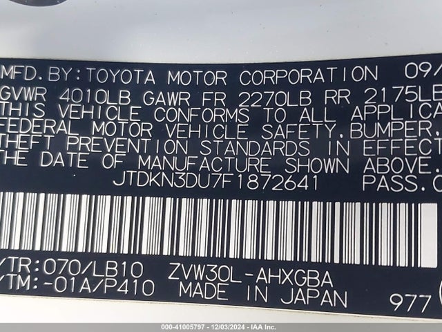 JTDKN3DU7F1872641 Toyota Prius Five