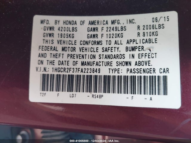 Honda ACCORD LX 2015 1HGCR2F37FA223849 Image 9
