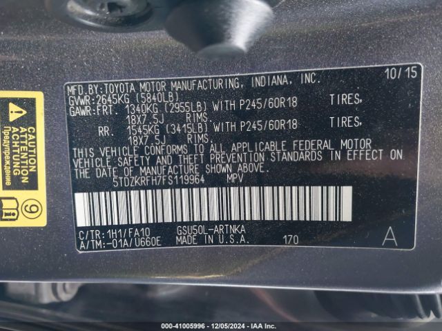 5TDZKRFH7FS119964 Toyota Highlander Le Plus V6