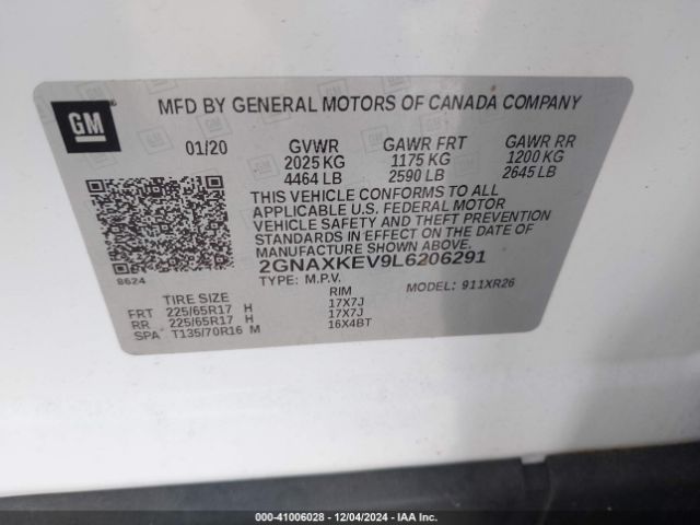 2GNAXKEV9L6206291 Chevrolet Equinox Fwd Lt 1.5l Turbo