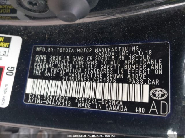 2T1BURHE3JC041876 Toyota COROLLA LE