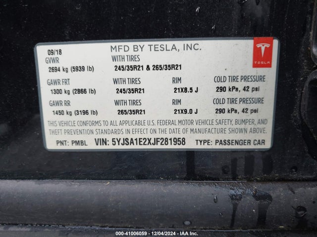 2018 TESLA MODEL S 5YJSA1E2XJF281958 Photo 8