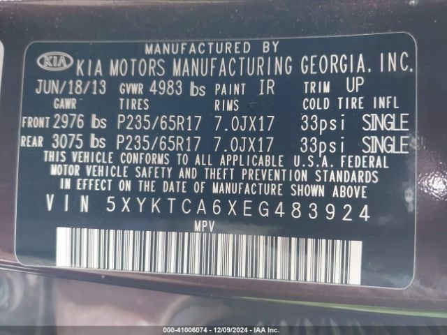 5XYKTCA6XEG483924 KIA SORENTO LX