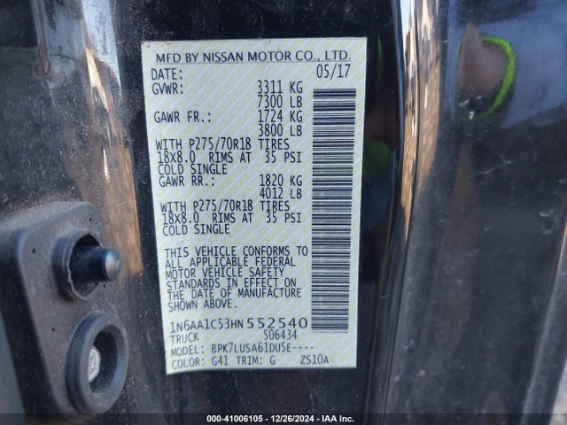 Nissan Titan Pro-4x 2017 1N6AA1C53HN552540 Image 9