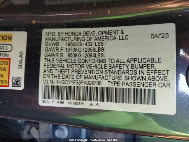 1HGCY1F33PA026708 Honda ACCORD EX