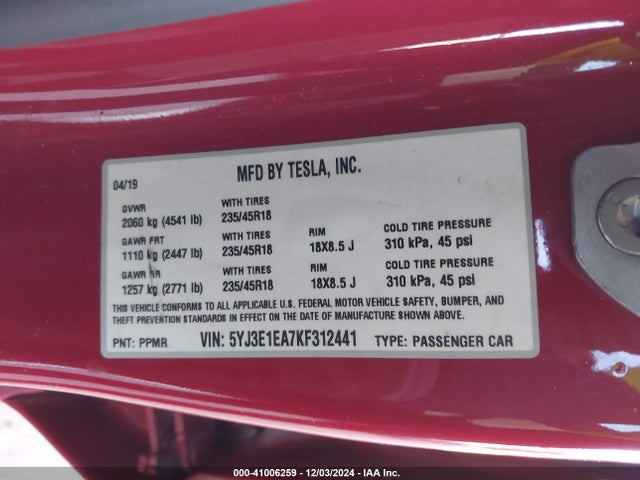 2019 TESLA MODEL 3 5YJ3E1EA7KF312441 Photo 8