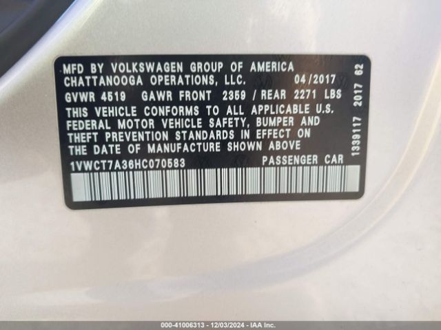 1VWCT7A36HC070583 Volkswagen Passat 1.8t Sel Premium
