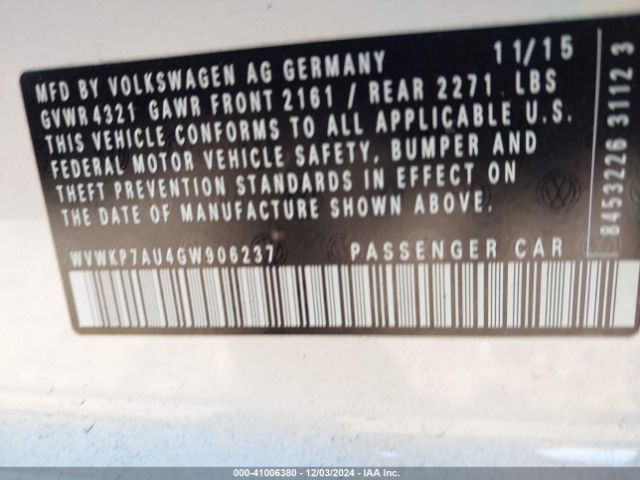 WVWKP7AU4GW906237 Volkswagen E-golf Se