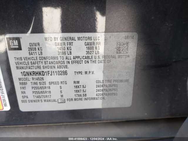 1GNKRHKD1FJ110286 Chevrolet Traverse 2lt
