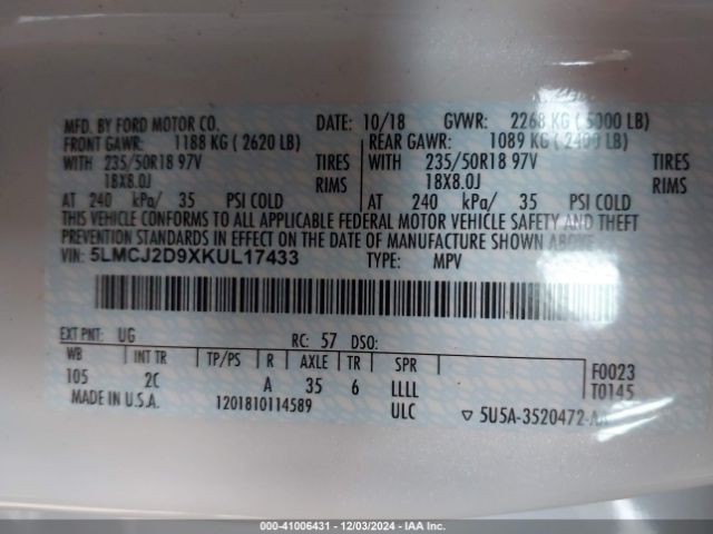 5LMCJ2D9XKUL17433 Lincoln MKC SELECT