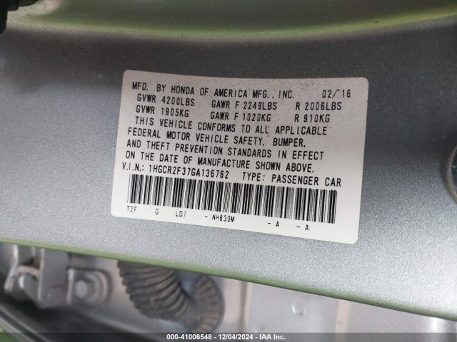 Honda ACCORD LX 2016 1HGCR2F37GA136762 Image 9