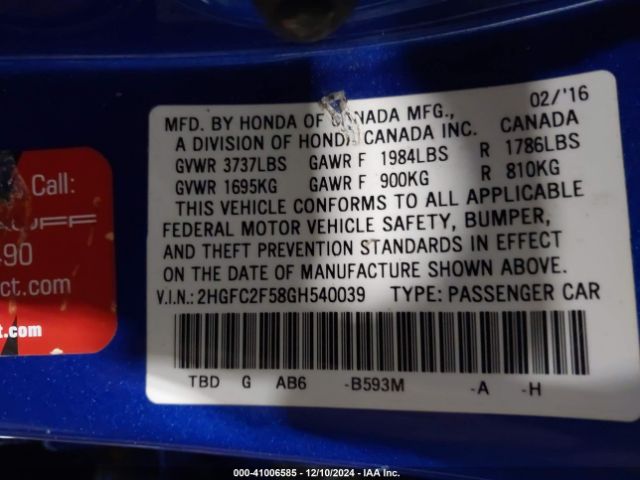 2HGFC2F58GH540039 Honda Civic Lx