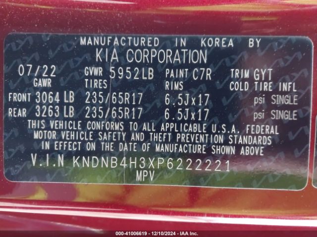 KNDNB4H3XP6222221 KIA Carnival Mpv Lx Seat Package
