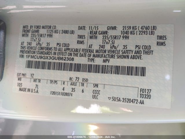 1FMCU9GX3GUB62308 Ford ESCAPE SE