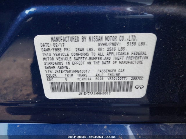 Aukcja sprzedaży 2017 Infiniti Q50 3.0t Sport, vin: JN1EV7AR1HM840017, numer aukcji: 41006689
