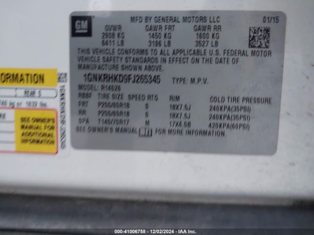 1GNKRHKD9FJ265345 Chevrolet Traverse 2lt