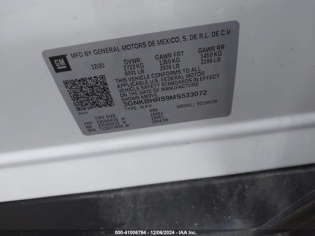 3GNKBHRS9MS533072 Chevrolet Blazer Awd 2lt