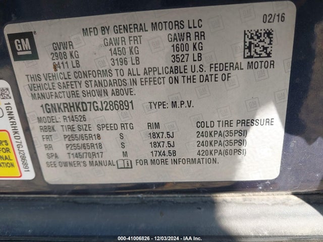 Chevrolet Traverse 2lt 2016 1GNKRHKD7GJ286891 Image 9