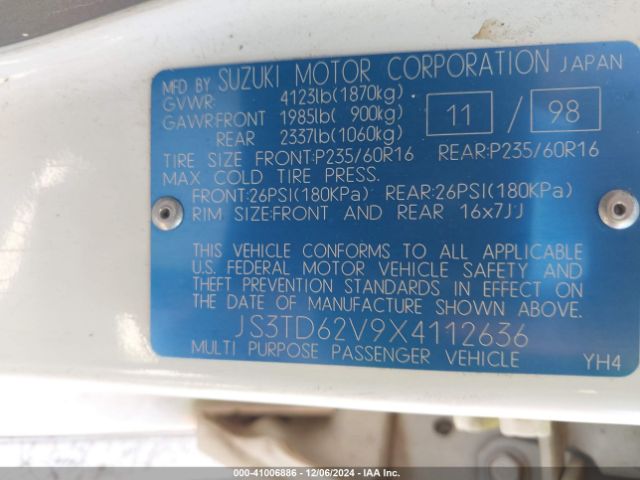 1999 SUZUKI GRAND VITARA JS3TD62V9X4112636 Photo 8