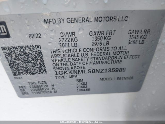 1GKKNMLS8NZ135989 GMC Acadia Fwd Slt
