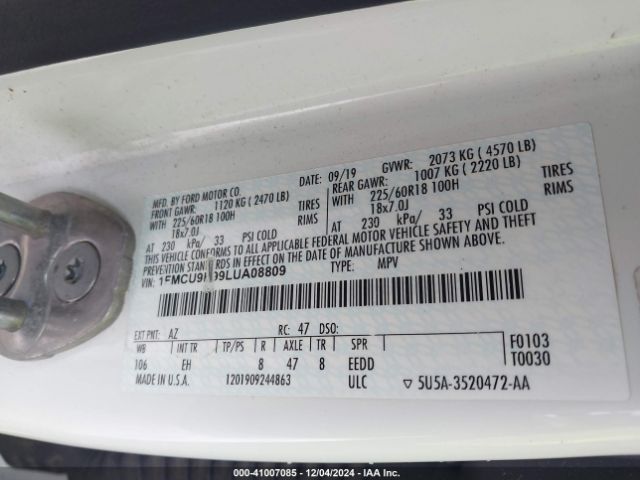 1FMCU9H99LUA08809 Ford ESCAPE SEL