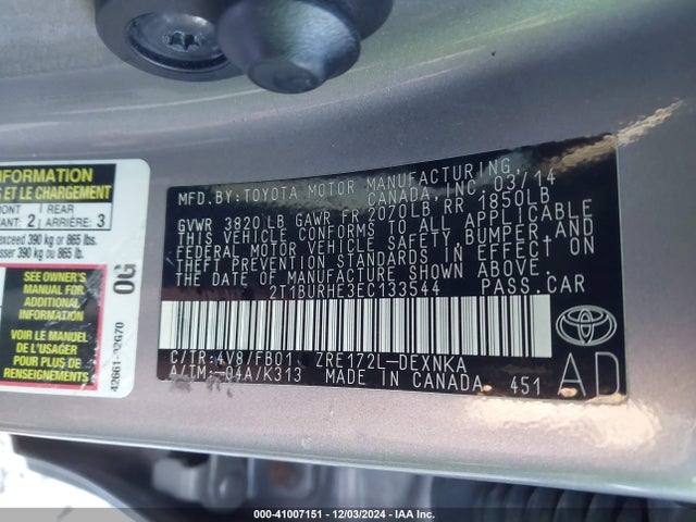 Toyota COROLLA LE 2014 2T1BURHE3EC133544 Image 9