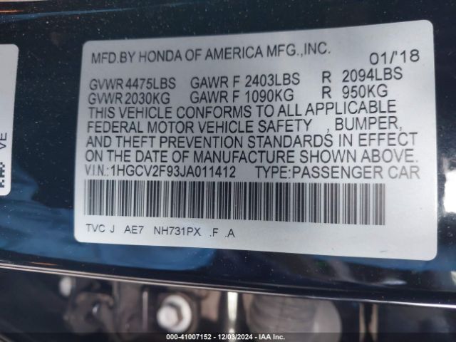 1HGCV2F93JA011412 Honda Accord Touring 2.0t