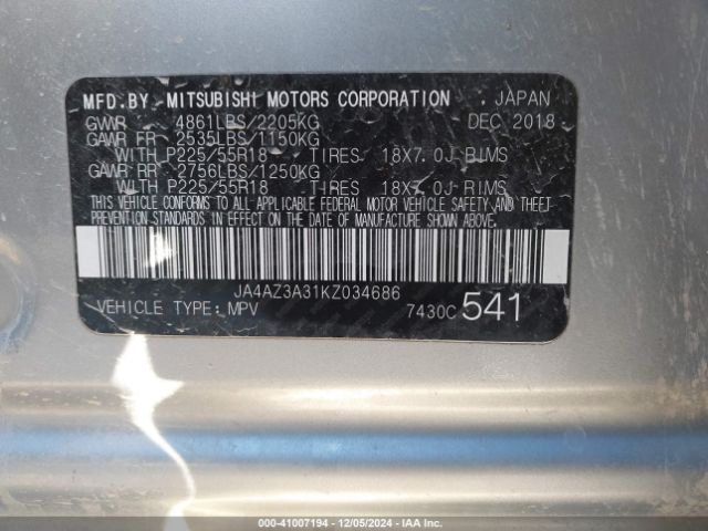 2019 MITSUBISHI OUTLANDER JA4AZ3A31KZ034686 Photo 8