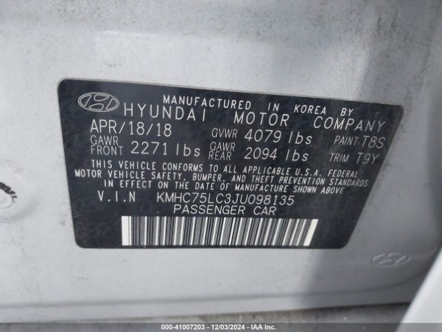 KMHC75LC3JU098135 Hyundai Ioniq Hybrid Sel