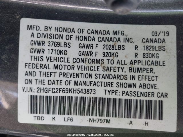 2HGFC2F69KH543873 Honda Civic Lx