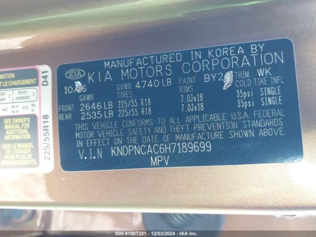 KNDPNCAC6H7189699 KIA Sportage Ex