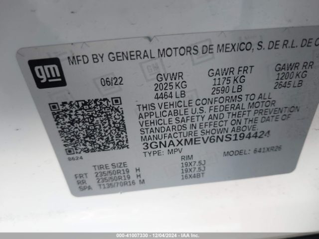 3GNAXMEV6NS194424 Chevrolet Equinox Fwd Rs