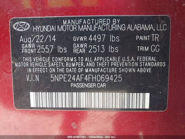 Hyundai SONATA SE 2015 5NPE24AF4FH069425 Image 9